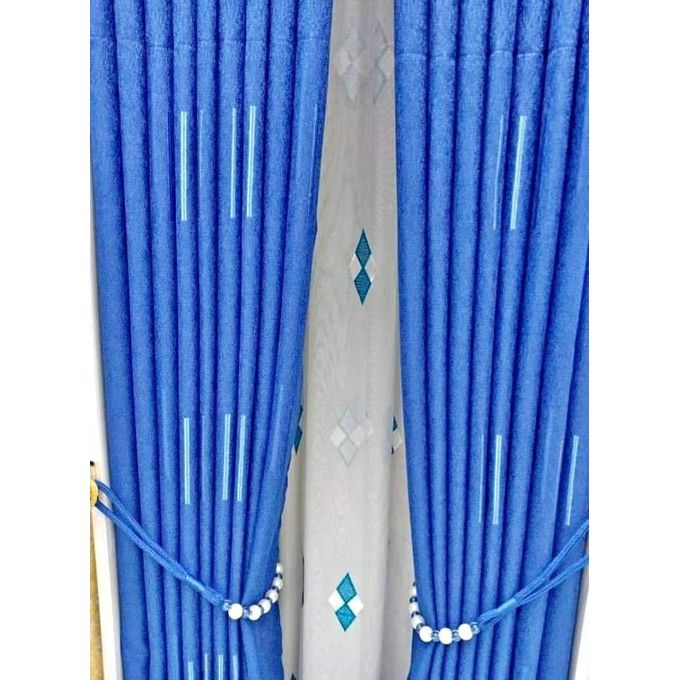 2pc Heavy Sky Blue curtain (2m Each) with 1pc Heavy White Embroidered Matching sheer (3m). Both Curtains and Sheer have Eyelet Header.