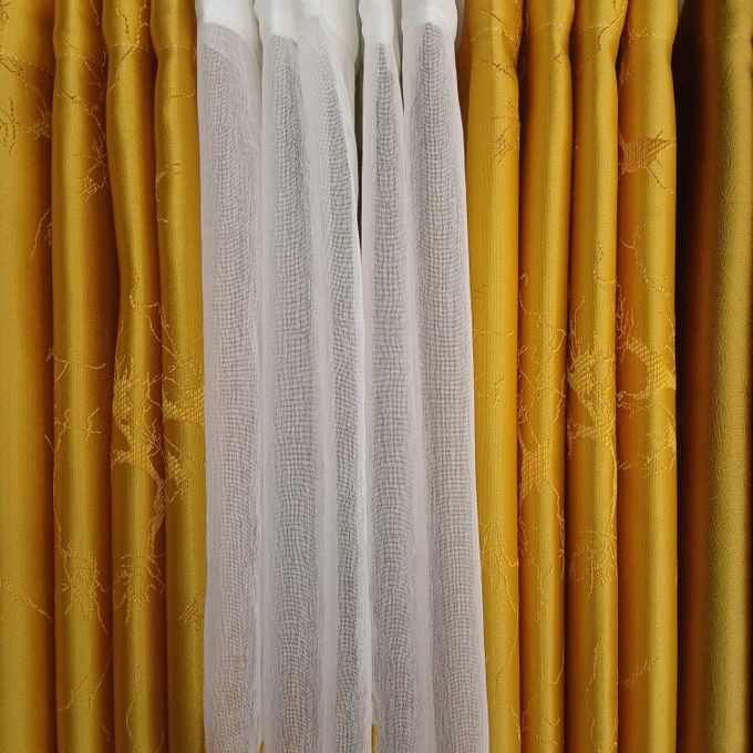 Two Pieces of Heavy Blackout Mustard Yellow Curtain and Eyelet Header (1.5m Each) with White Heavy Sheer with Rod Pocket Header(2m)