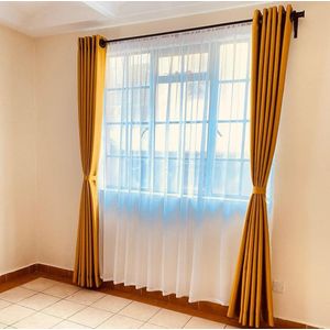 2Pcs NEW FASHION MUSTARD YELLOW CURTAINS AND WHITE HEAVY SHEER For Living Room/ Dinning , Bedroom Windows And Doors.