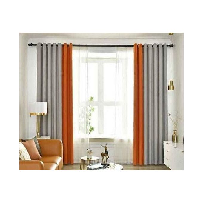 : 2pc New grey curtains (1.5m Each) and 2pc orange curtains (1m Each) with 1pc Heavy White Plain sheer (3m). Both Curtains and Sheer have Eyelet Header for Easy Installation and Premium Look.