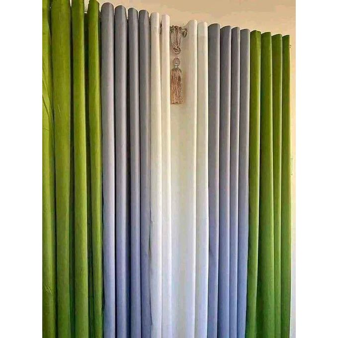 2pcs New Green curtains (1.5m Each) and 2pc Grey curtains (1.5m Each) with 1pc Heavy White Plain sheer (3m).Both curtains and sheer have Eyelet Header for Easy Installation and Premium Look