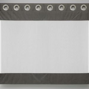 Premium kitchen sheer curtain - White with grey accents, eyelet-header style.
