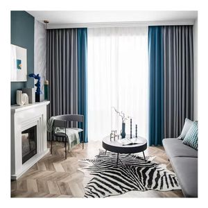 Grey And Blue Curtain And Heavy Sheer For Window And Door