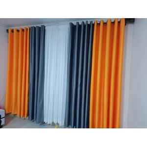 4Pcs High Quality Plain Fabric Grey and Mustard Yellow Curtains (2Pcs Each) With Eyelet Header For Home Window and Door. Comes with a Free Plain White Sheer with Rod Pocket Header and a height of 2.25m