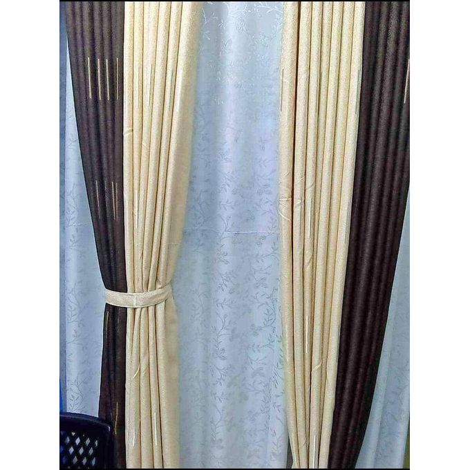 2PC Heavy Brown Curtain (1.5m+1.5m) and 2pc Heavy Cream curtains (1.5m+1.5m) with 1pc White Heavy Embroidered sheer (5m). Both curtains and sheer have Eyelet Header For Easy Installation and Premium Look