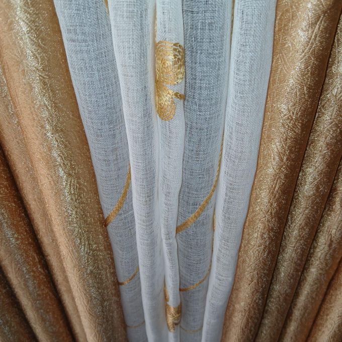 Two Pcs Heavy Blackout Gold Patterned Curtain and Eyelet Header (1.5m Each) with White Heavy Embroidered Sheer with Rod Pocket Header(2m).