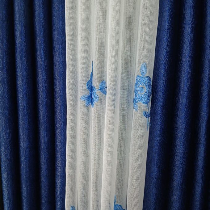 Two Pcs Heavy Blackout Navy Blue Patterned Curtain and Eyelet Header (1.5m Each) with White Heavy Embroidered Sheer with Rod Pocket Header(2m).