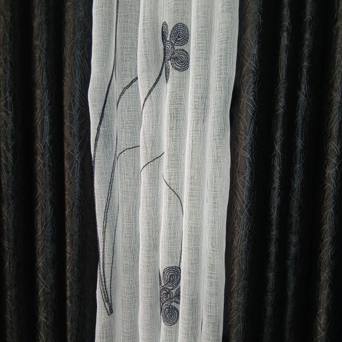 2Pcs Heavy Blackout Black Patterned Curtain and Eyelet Header (1.5m Each) with White Heavy Matching Embroidered Sheer with Rod Pocket Header(2m)