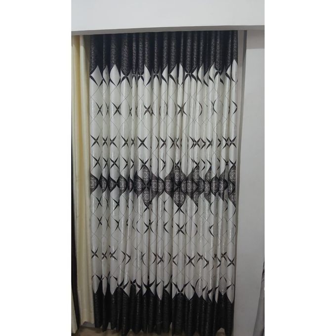 2Pcs Heavy Blackout Patterned Curtain and Eyelet Header (1.5m Each) with White Heavy Matching Embroidered Sheer with Rod Pocket Header(2m)