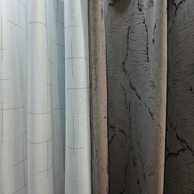 Two Pcs Heavy Blackout Patterned Curtain and Eyelet Header (1.5m Each) with White Heav Sheer with Rod Pocket Header(2m).