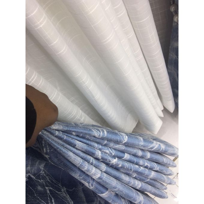 2PCS Modern Window Curtains Blue Patterned Measuring 2M+2M With A 1Pc Sheer 3M. Ideal For Living Room/bedroom/dining Room/study Room/home Office (exclusive Sheer). With White Plastic Eyelets