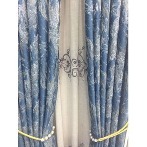2Pcs Blue Backout Floral Curtain with eyelet header (2m each) with 1Pc white Sheer with rod pocket header (3m) 