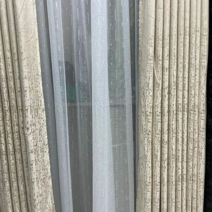 2pc Heavy  New Arrival curtains (3m Each) with 1pc Heavy Plain White  Heavy sheer (5m). Both Curtains and Sheer have Eyelet Header For Easy Installation and Premium Look.