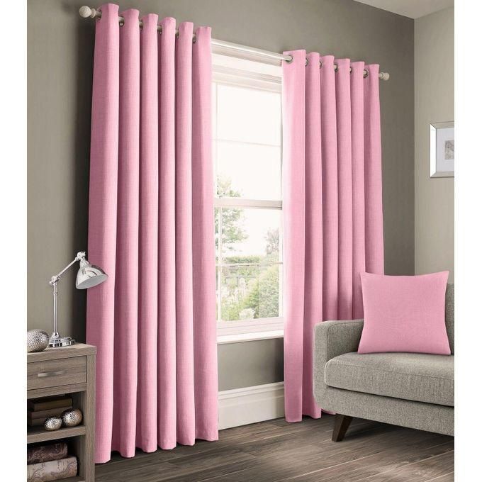 2pcs Blackout Pink curtains (1.5m+1.5m) with 1pc heavy white sheer (2m).All panels have an eyelet header and a height of 2.4m
