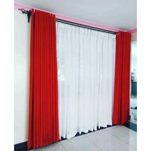 2Pcs Blackout Plain Red Curtains (1.5m+1.5m) with 1pc of Heavy White Sheer (2m), all panels have an Eyelet Header and a Height of 2.4m