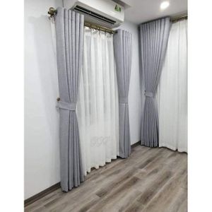 GREY  CURTAINS 2Pcs (1.5m Each) With 2M WHITE HEAVY SHEER For Living Room Window And Door
