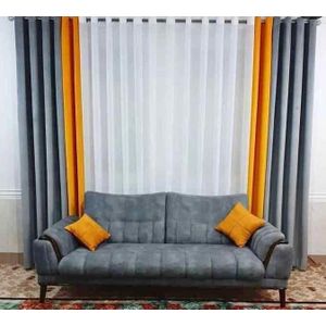 2pcs New Grey curtains (1.5m Each) and 2pc mustard yellow curtains (1m Each) with 1 pc Heavy White Plain sheer (4m). Both Curtains and sheer have Eyelet Header for Easy Installation and Premium Look