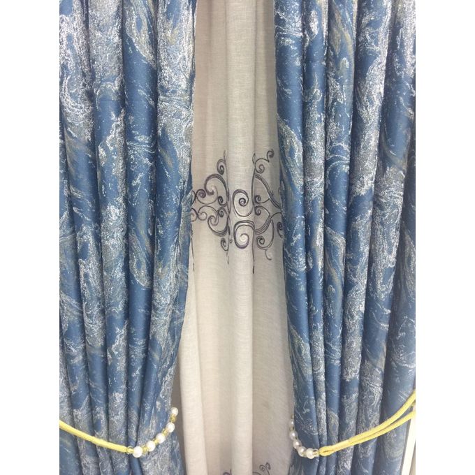 2Pcs Blue Backout Floral Curtain with eyelet header (1.5m each) with 1Pc white Sheer with rod pocket header (2m)