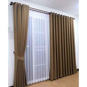 2pc Heavy Beige curtain (3m Each) with 1pc Heavy plain White sheer (5m). Both curtains and sheer have Eyelet header for Easy Installation and Premium Look