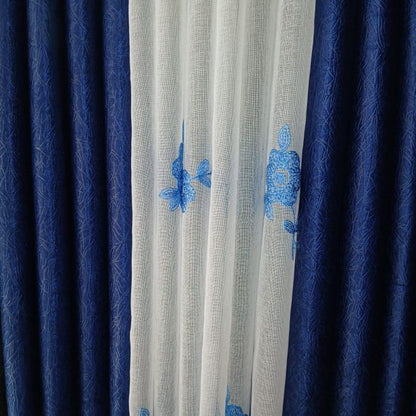 2Pcs Heavy Blackout Curtain Navy Blue and Eyelet Header (1.5M Each) with Matching Embroidered White Heavy Sheer with Rod Pocket Header (2M)