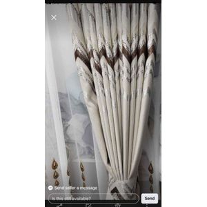 2pcs Cream Heavy Curtain With Silver And Brown Pattern