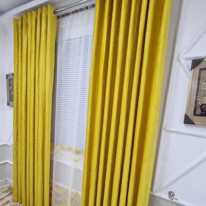 Two Pcs Heavy Blackout Mustard Yellow Patterned Curtain and Eyelet Header (1.5m Each) with White Heav Sheer with Rod Pocket Header(2m).