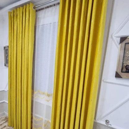 Two Pcs Heavy Blackout Mustard Yellow Patterned Curtain and Eyelet Header (1.5m Each) with White Heav Sheer with Rod Pocket Header(2m).