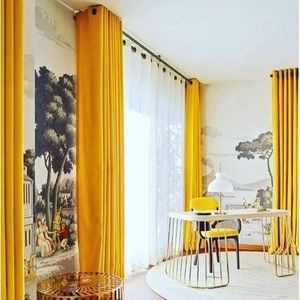 Mustard yellow curtain and white sheer for Window and Door 
