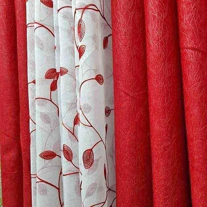 2Pcs Heavy Blackout Plain Red Curtain and Eyelet Header (1.5m Each) with White Heavy Embroidered Sheer with Eyelet Header(3m)