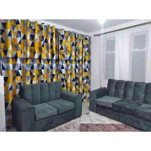 Heavy GREY BLUE And YELLOW PATTREN 2pcs Curtain And 1pc FREE Sheer