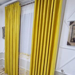 Two Pcs Heavy Blackout Mustard Yellow Patterned Curtain and Eyelet Header (1.5m Each) with White Heav Sheer with Rod Pocket Header(2m).