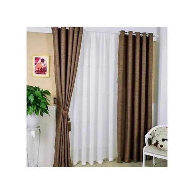 Brown CURTAINS 2Pcs (1.5m Each) Each 2M WHITE SHEER with FREE 2m single Curtain Rod – Elegant Window Drapes for Living Room & Bedroom