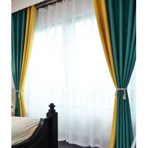 2Pcs GREEN Curtains  (2M+2M) AND 2Pcs MUSTARDD YELLOW  (1M+1M) WITH 1Pc FREE WHITE SHEER (4M)