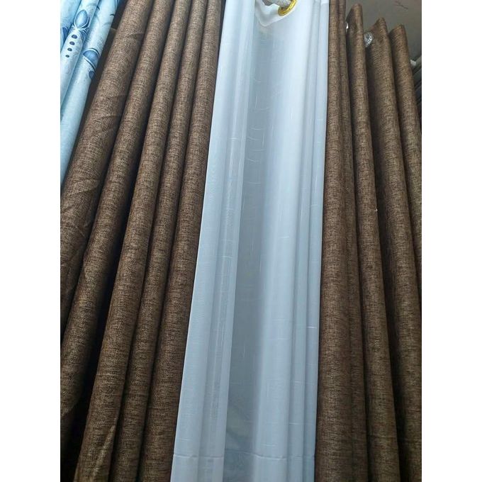 : 2pc Heavy New Brown curtains (2m Each) with 1pc Heavy White Plain sheer (3m). Both Curtains and Sheer have Eyelet Header for Easy Installation and Premium Look.