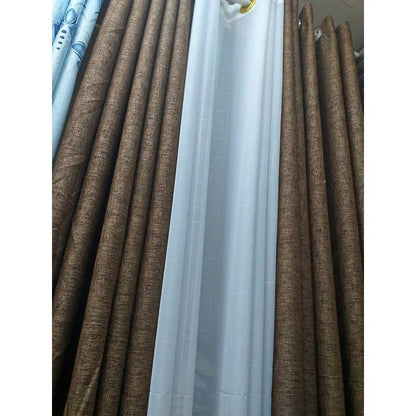 : 2pc Heavy New Brown curtains (2m Each) with 1pc Heavy White Plain sheer (3m). Both Curtains and Sheer have Eyelet Header for Easy Installation and Premium Look.