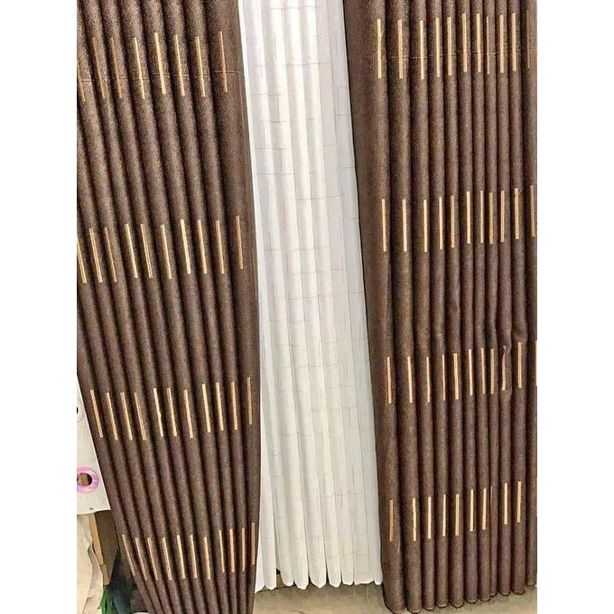 Two Pcs Heavy Blackout Patterned Brown Curtain and Eyelet Header (1.5m Each) with White Heavy Sheer with Eyelet Header(2m).