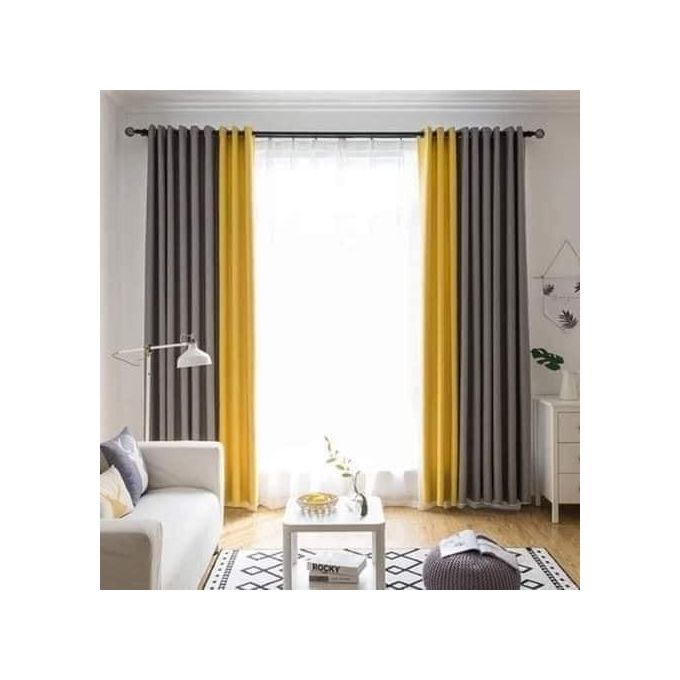 2Pcs Heavy Blackout Patterned Brown Curtain and Eyelet Header (1m+1m Grey and 1m+1m Mustard)with White Heavy Sheer with Eyelet Header (3M)