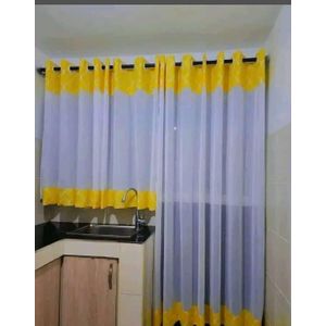 2Pcs White Kitchen Sheers With Mustard Yellow Accents (One Panel 3m For Window, Another Panel 2.5m Panel For Door). Height Of Window Panel 1.12M And  Door Height Of Panel 2.25M