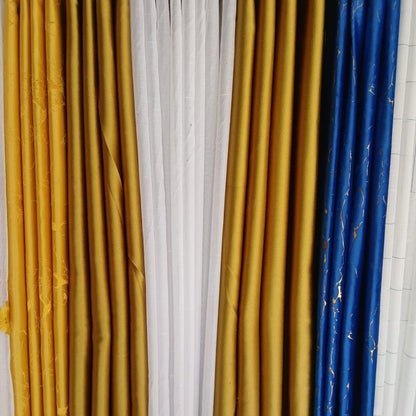 Two Pcs Heavy Blackout Mustard Yellow Curtain Patterns and Eyelet Header (1.5m Each) with White Heavy Sheer with Rod Pocket Header(2m).