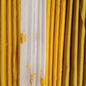 2Pcs Heavy Blackout Mustard Yellow Curtain Patterns and Eyelet Header (1.5m Each) with Matching Embroidered White Heavy Sheer with Rod Pocket Header(2m).