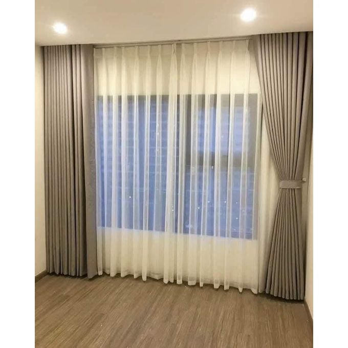 2Pcs×4M Superb Quality Heavy Fabric Light Grey Curtains With a Free 6M Cream white Sheer With Rod Pocket Header For Home Window and Door. Curtains Come with Eyelet Header and a height of 2.25m