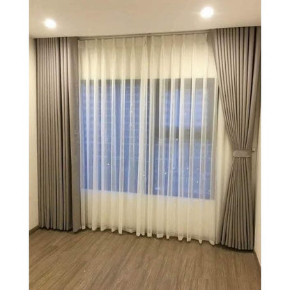 2Pcs×4M Superb Quality Heavy Fabric Light Grey Curtains With a Free 6M Cream white Sheer With Rod Pocket Header For Home Window and Door. Curtains Come with Eyelet Header and a height of 2.25m