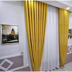 2Pcs Heavy Blackout Patterned Mustard Yellow Curtain and Eyelet Header (1.5M Each) with White Heavy Sheer with Eyelet Header (2M)