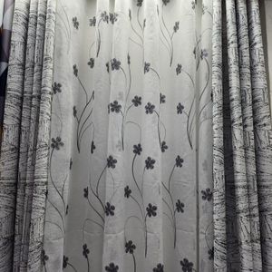 Luxurious Strong-Fabric Grey Curtains (2Pc) With a Heavy White Embroidered Sheer (1Pc). Both Curtains and Sheer are Custom-Made and Have an Eyelet Header
