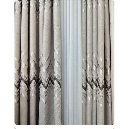 2Pcs Heavy Blackout Curtain Zigzag Patterns and Eyelet Header (1.5m Each) with White Heavy Sheer with Rod Pocket Header(2m)