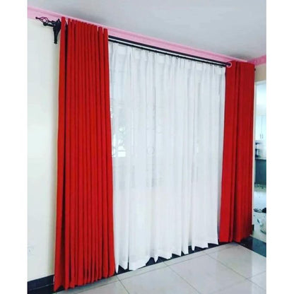 2Pcs Plain Red Curtains (1.5m+1.5m) with 1pc Heavy White Sheer (2m), All Panels Have an Eyelet Header and a Height of 2.4m