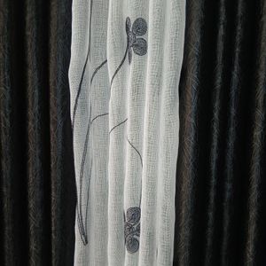 2Pcs Heavy Blackout Black Curtain and Eyelet Header (1.5m Each) with Matching Embroidered White Heavy Sheer with Rod Pocket Header(2m)
