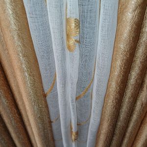  2Pcs Heavy Blackout Gold Patterned Curtain and Eyelet Header (1.5M Each) with White Heavy Sheer with Rod Pocket Header (2M)