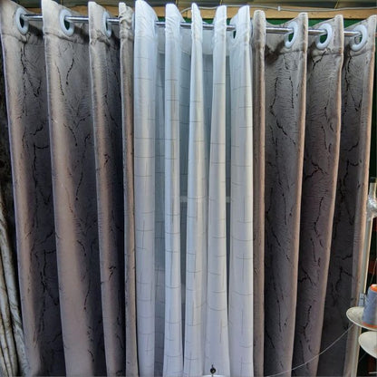 Two Pcs Heavy Blackout Patterned Curtain and Eyelet Header (1.5m Each) with White Heav Sheer with Rod Pocket Header(2m).