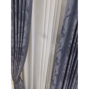 Two Pcs Heavy Blackout Dark Grey Patterned Curtain and Eyelet Header (1.5m Each) with White Heavy Sheer with Rod Pocket Header(2m).